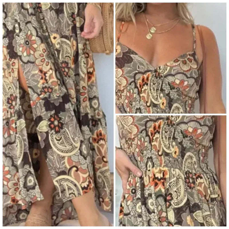 💕Women's sexy spaghetti strap floral print long dress