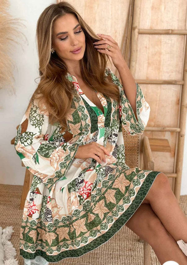KIRA BOHO OVERSIZED FLORAL ABSTRACT TUNIC DRESS-GREEN