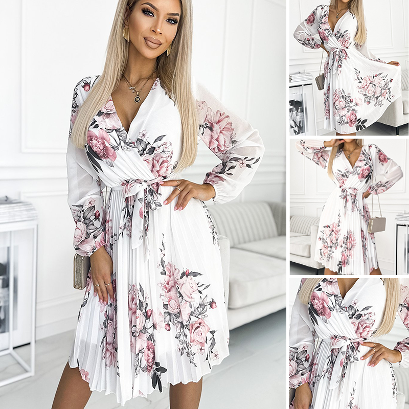  💖White floral V-neck dress with belt for women