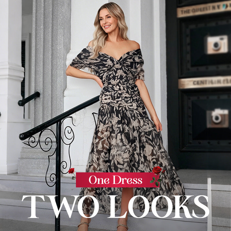 👗 Off-shoulder V-neck printed dress | Show off your shoulders while hiding the flesh to create a slimming effect