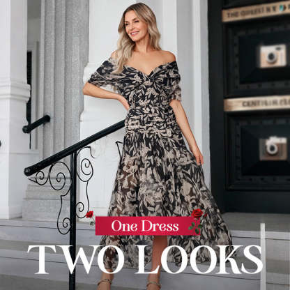 👗 Off-shoulder V-neck printed dress | Show off your shoulders while hiding the flesh to create a slimming effect