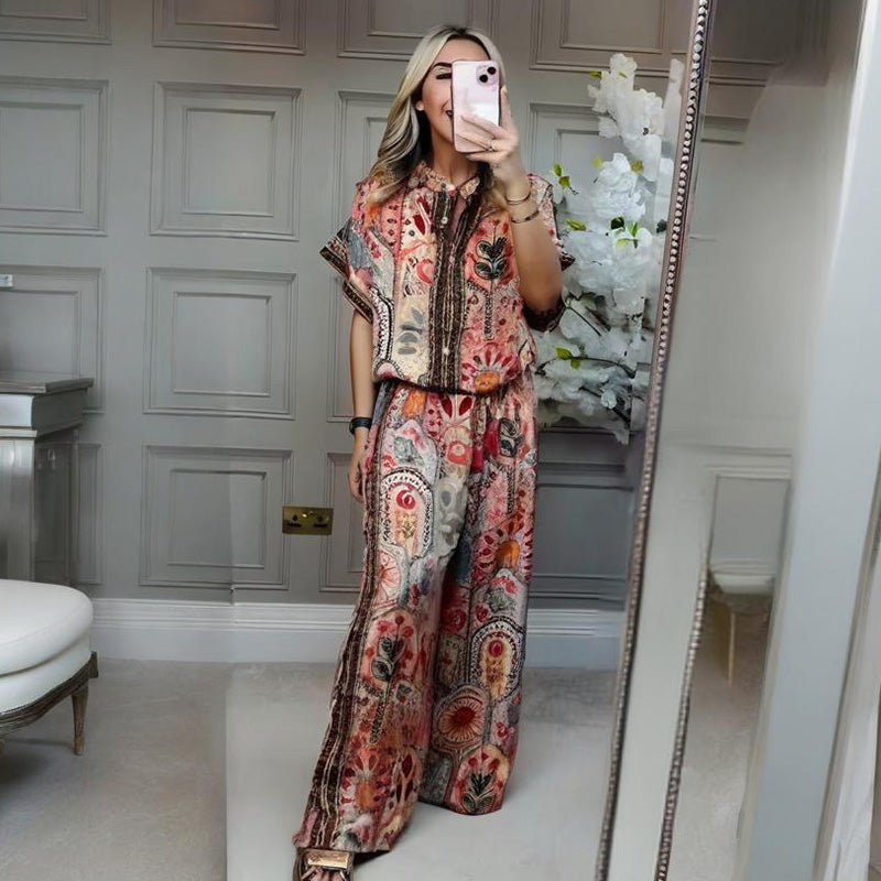 💜LAST DAY PROMOTION - 69%OFF💜Women's Printed Top & Wide Leg Pants 2-Piece Set