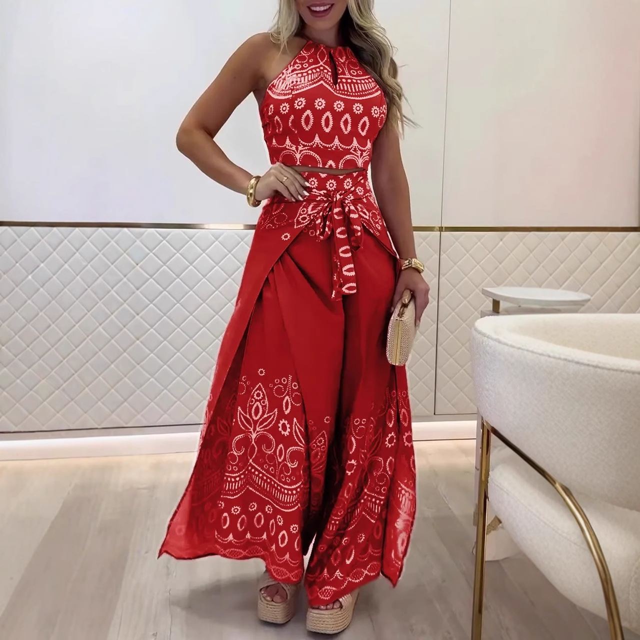 Women's Retro Pattern Ethnic Halter Sleeveless Top Wide Leg Pants Set