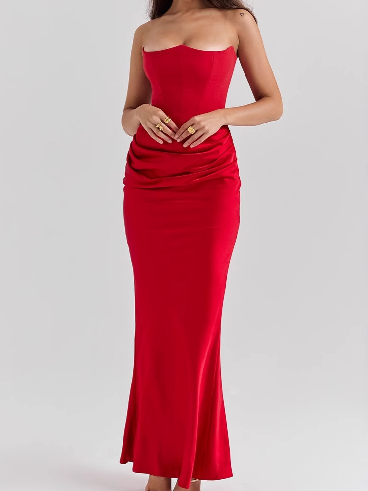 2025 European and American Cross-Border Spring and Summer New Waist-Cinching Bodycon Long Dress Satin Tube Top Pleated Patchwork Dress Women's Fashion
