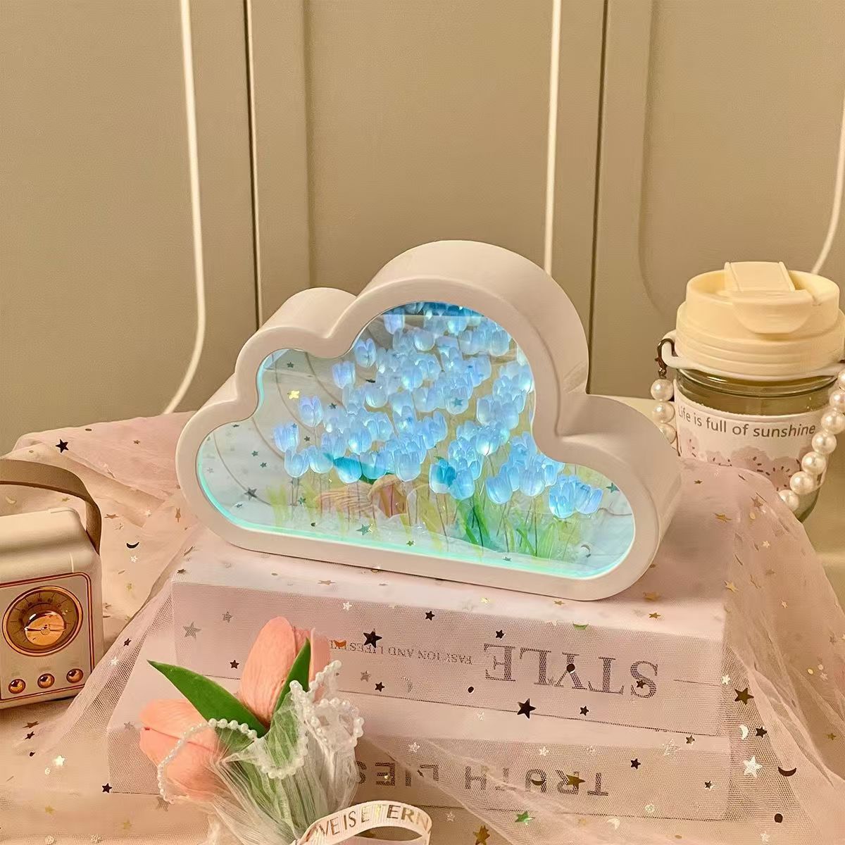 Cloud Tulip Night Light DIY Handmade Mirror Flower Sea Atmosphere Lamp Desktop Ornament Creative Gift
