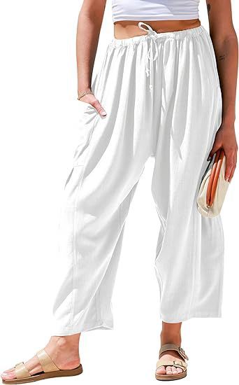 2025 Amazon TEMU European and American Women's Fashion Elastic Waist Pleated High Waist Wide Leg Loose Harem Cotton Linen Long Pants