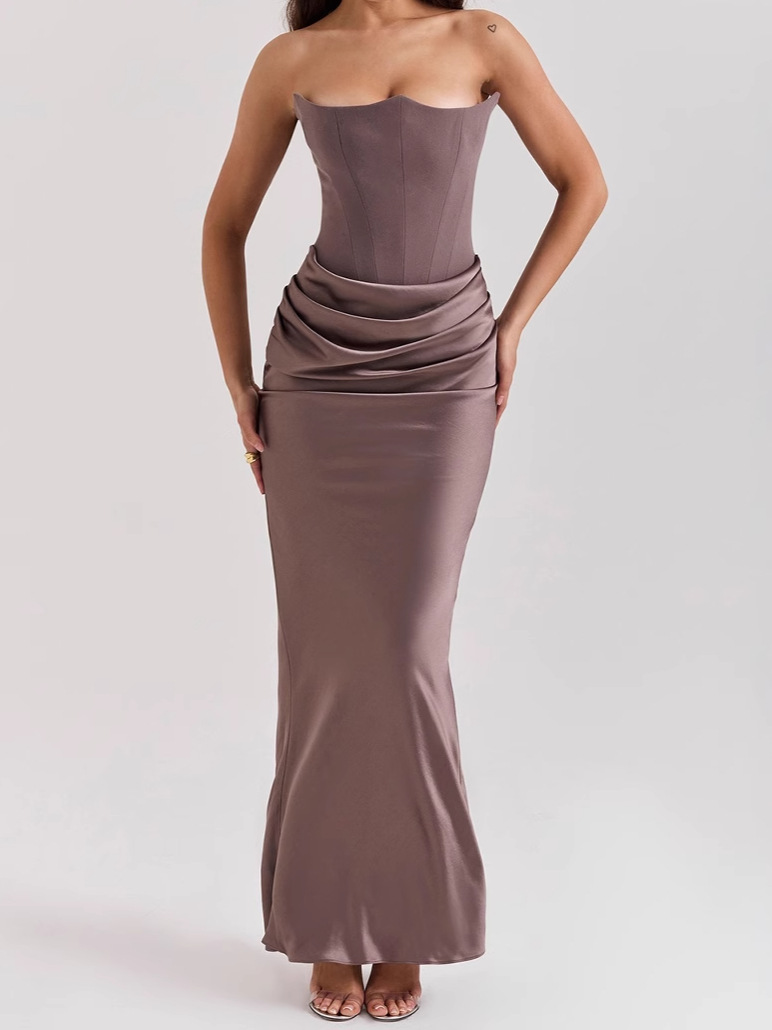 2025 European and American Cross-Border Spring and Summer New Waist-Cinching Bodycon Long Dress Satin Tube Top Pleated Patchwork Dress Women's Fashion