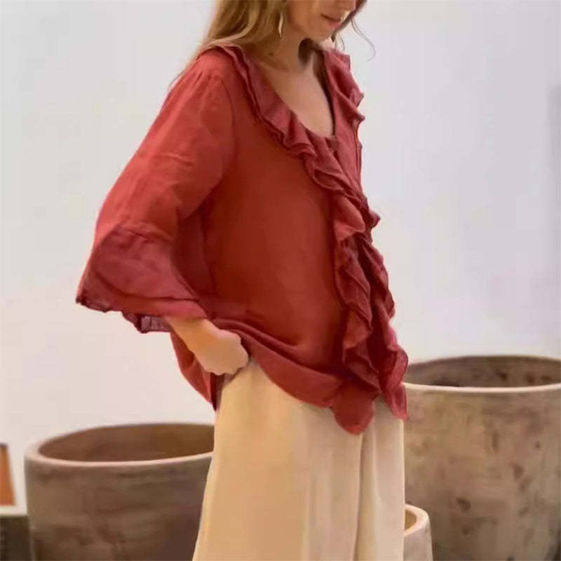 🎉What should I wear tomorrow?🛍️Women's Ruffle Collar Blouse with Bell Sleeves