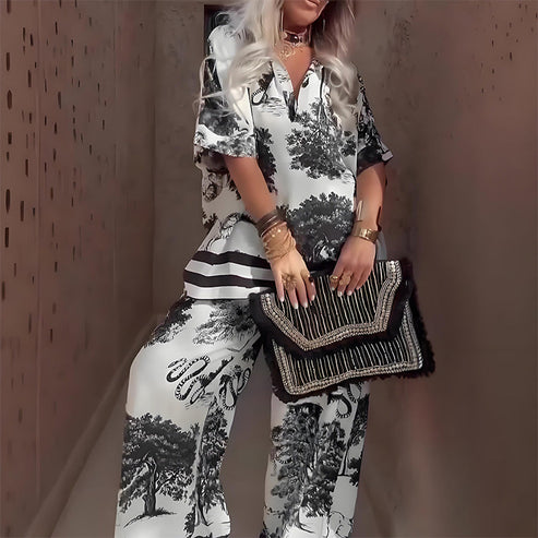 🛍️ Women's Matching Printed Set - V-Neck Top & Long Pants | No-Fuss Outfit, Versatile Print & All-Day Comfort