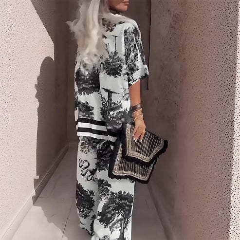 🛍️ Women's Matching Printed Set - V-Neck Top & Long Pants | No-Fuss Outfit, Versatile Print & All-Day Comfort