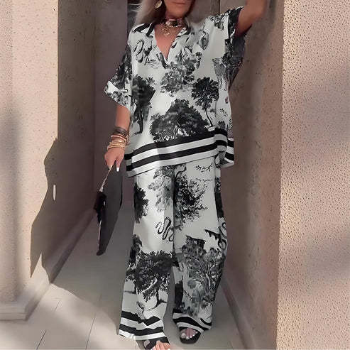 🛍️ Women's Matching Printed Set - V-Neck Top & Long Pants | No-Fuss Outfit, Versatile Print & All-Day Comfort