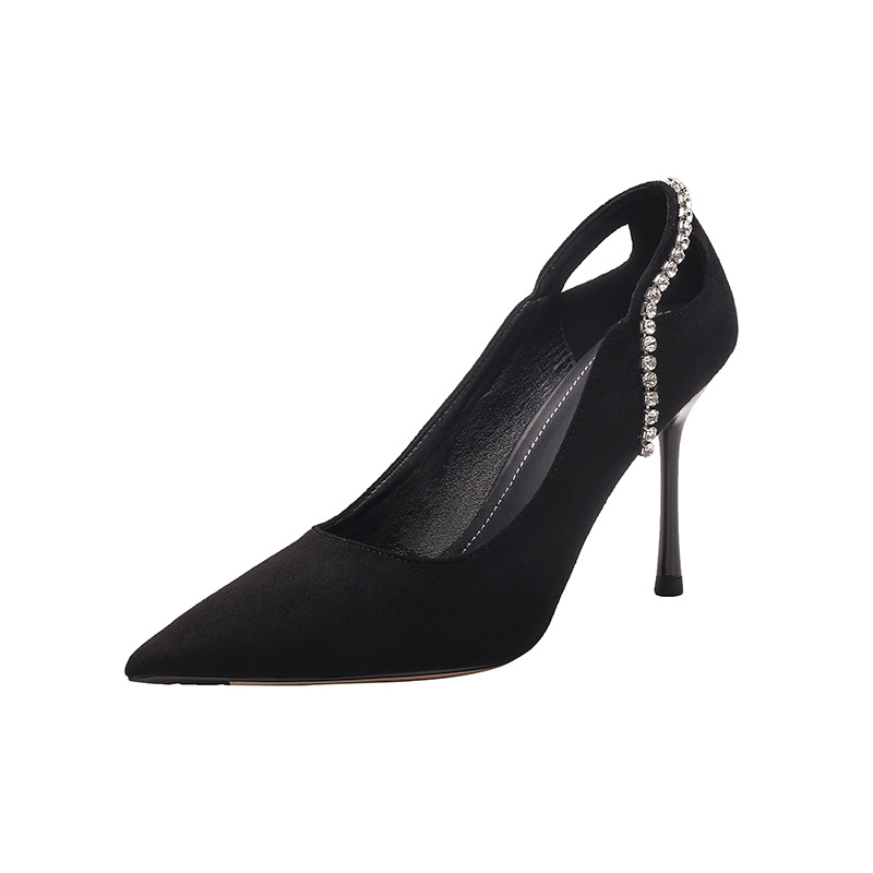 尖頭絨面水鑽鏤空高跟鞋