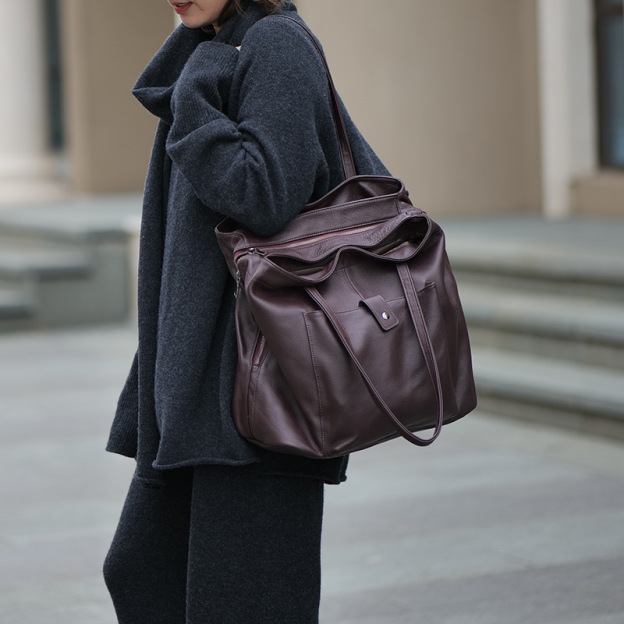 NEW ! •優雅な気質•茶|黒|グレー•高品質な厚手な天然軟めな牛革ハンドバッグ•牛革トートバッグ