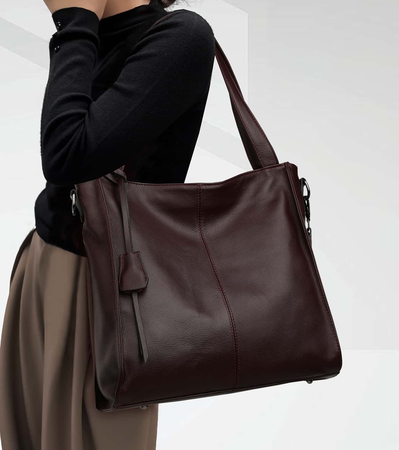 NEW ! •黒|濃い暗マゼンタ|グレー|3色•厚手な軟めな牛革ハンドバッグ•牛革トートバッグ•大容量•通勤や旅行に最適