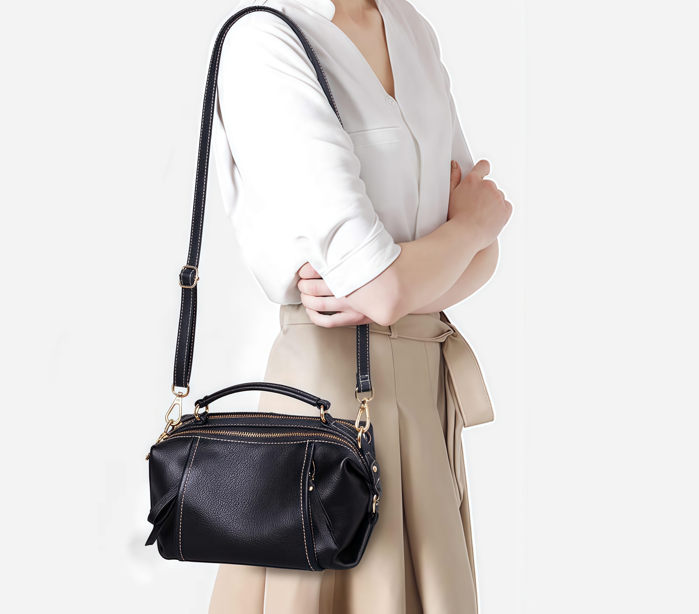 上質の魅力！•黒|カラメル|2色•高品質な厚手な天然軟めな牛革ハンドバッグ•牛革斜ショルダーバッグ