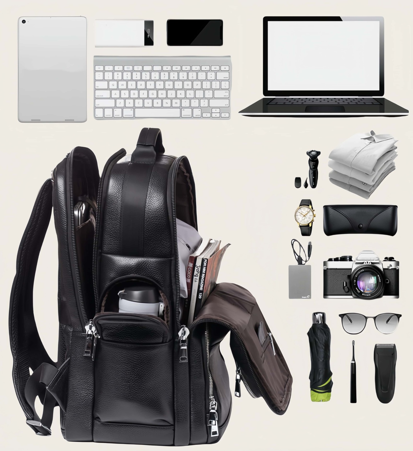 大容量牛革ダブルショルダーリュック｜大容量設計・通勤・旅行対応