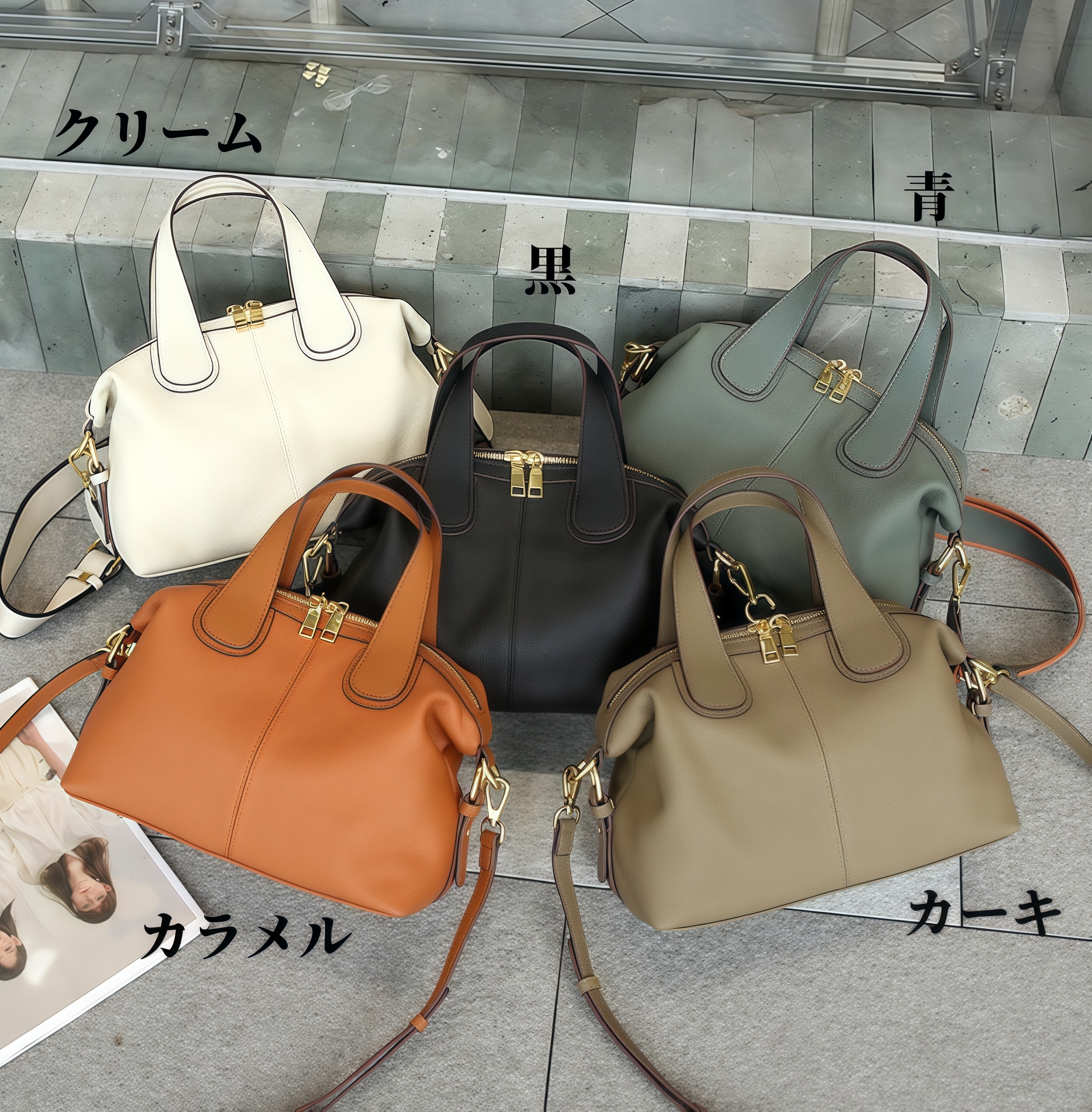 はフェミニンな魅力 ！•5色•3WAY•天然牛革ハンドバッグ•牛革ショルダーバッグ•2本の肩ベルト