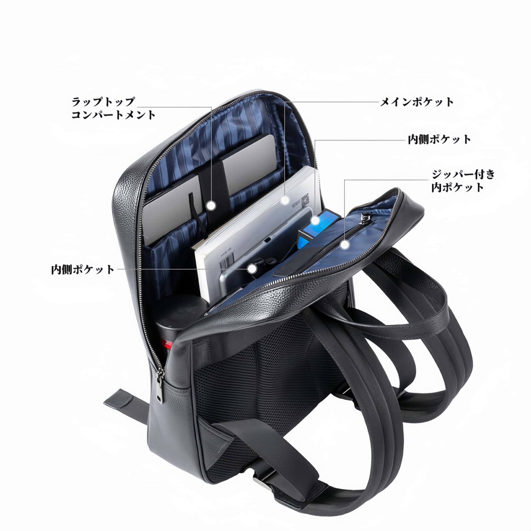 天然牛革製 ビジネス通勤向け ダブルストラップリュック