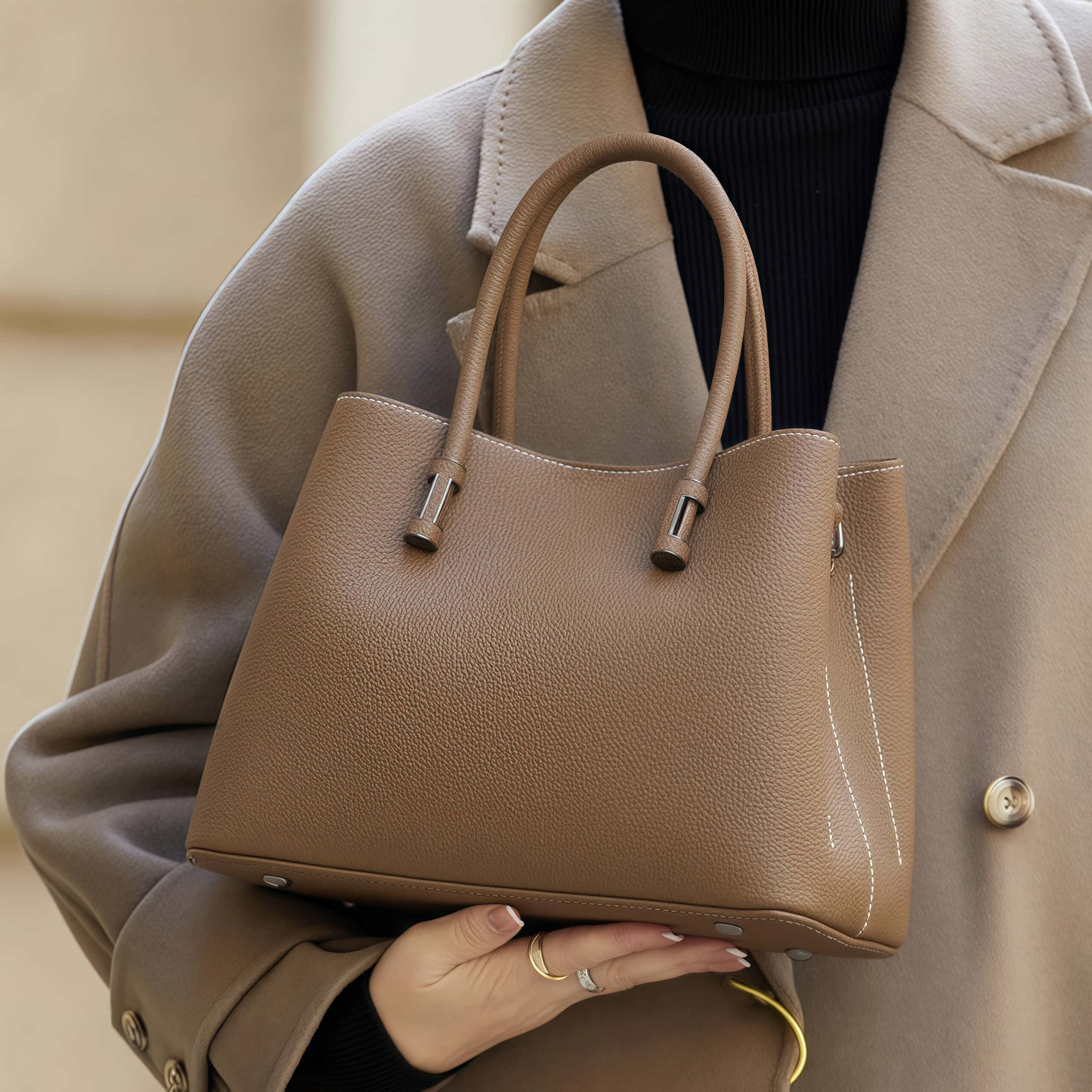 洗練感 ！•茶|黒|カーキ|濃い緑|4色•天然牛革ハンドバッグ•牛革ショルダーバッグ