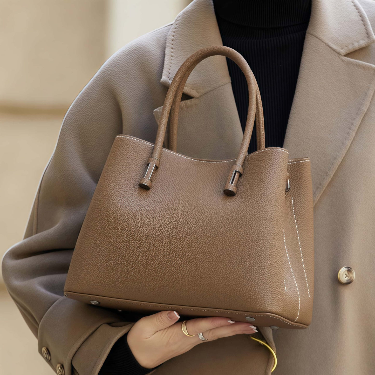 洗練感 ！•茶|黒|カーキ|濃い緑|4色•天然牛革ハンドバッグ•牛革ショルダーバッグ