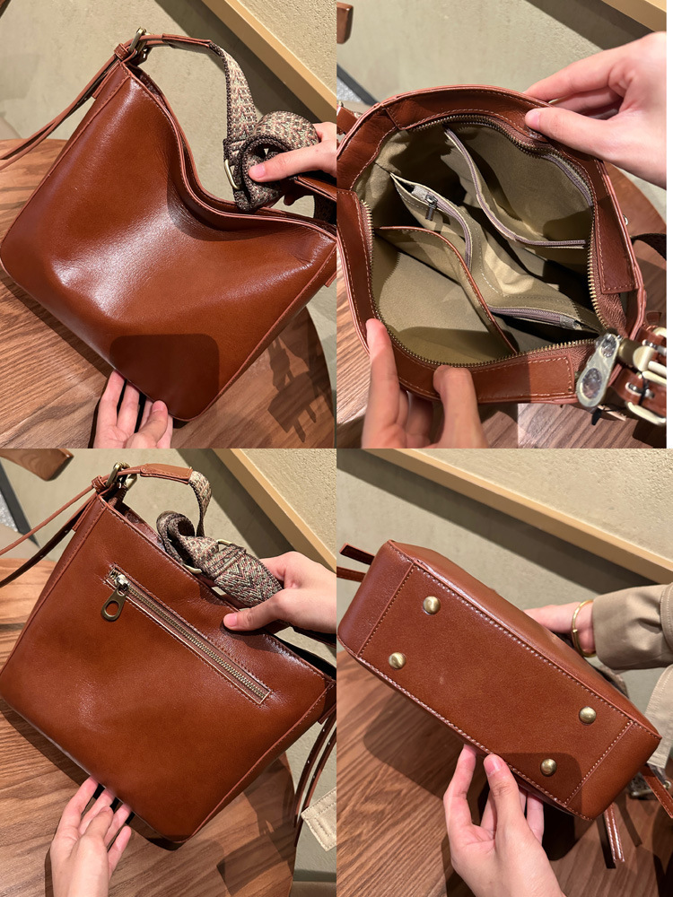 茶|カラメル|黒|3色•植物鞣し天然牛革ショルダーバッグ•牛革肩がけかばんバッグ