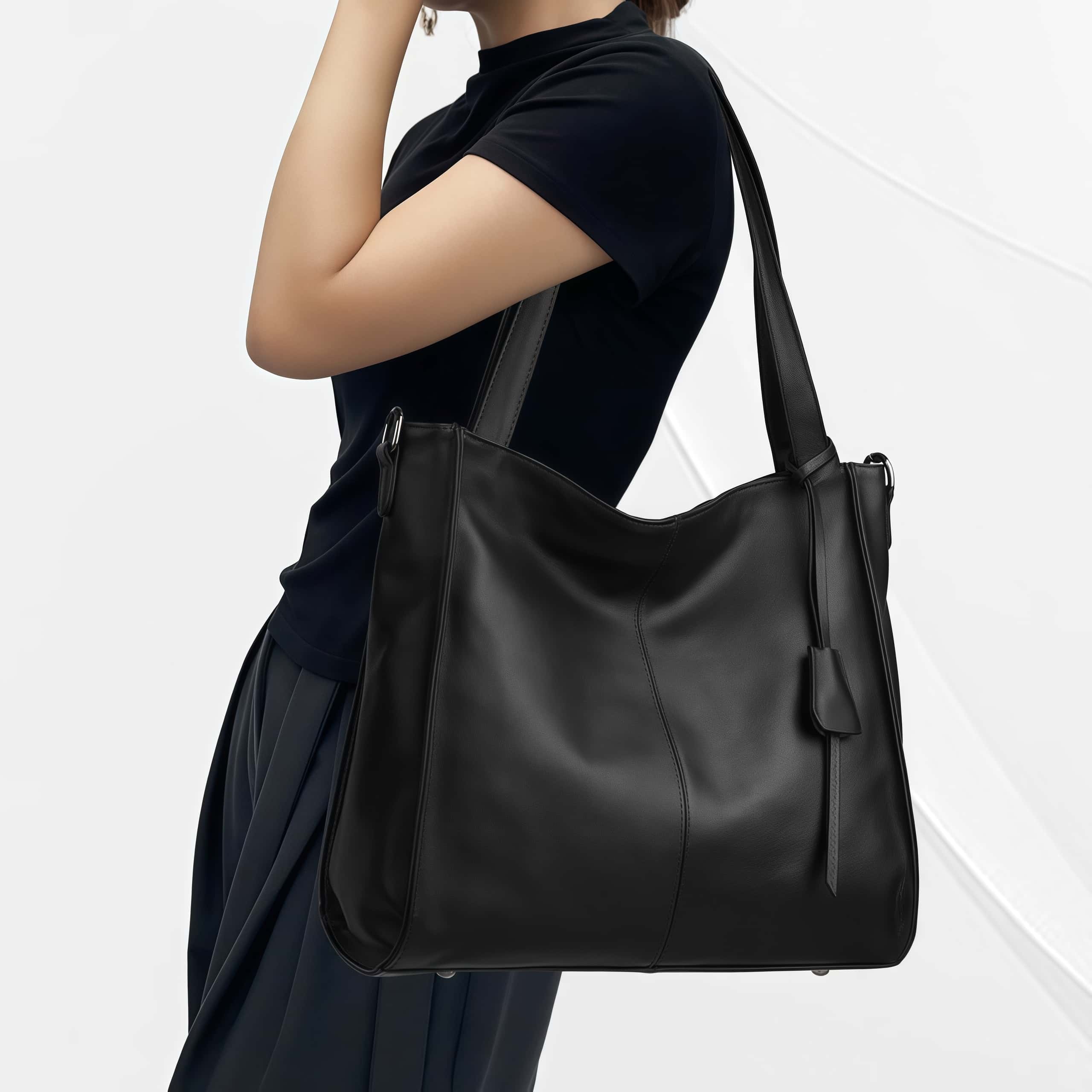 NEW ! •黒|濃い暗マゼンタ|グレー|3色•厚手な軟めな牛革ハンドバッグ•牛革トートバッグ•大容量•通勤や旅行に最適