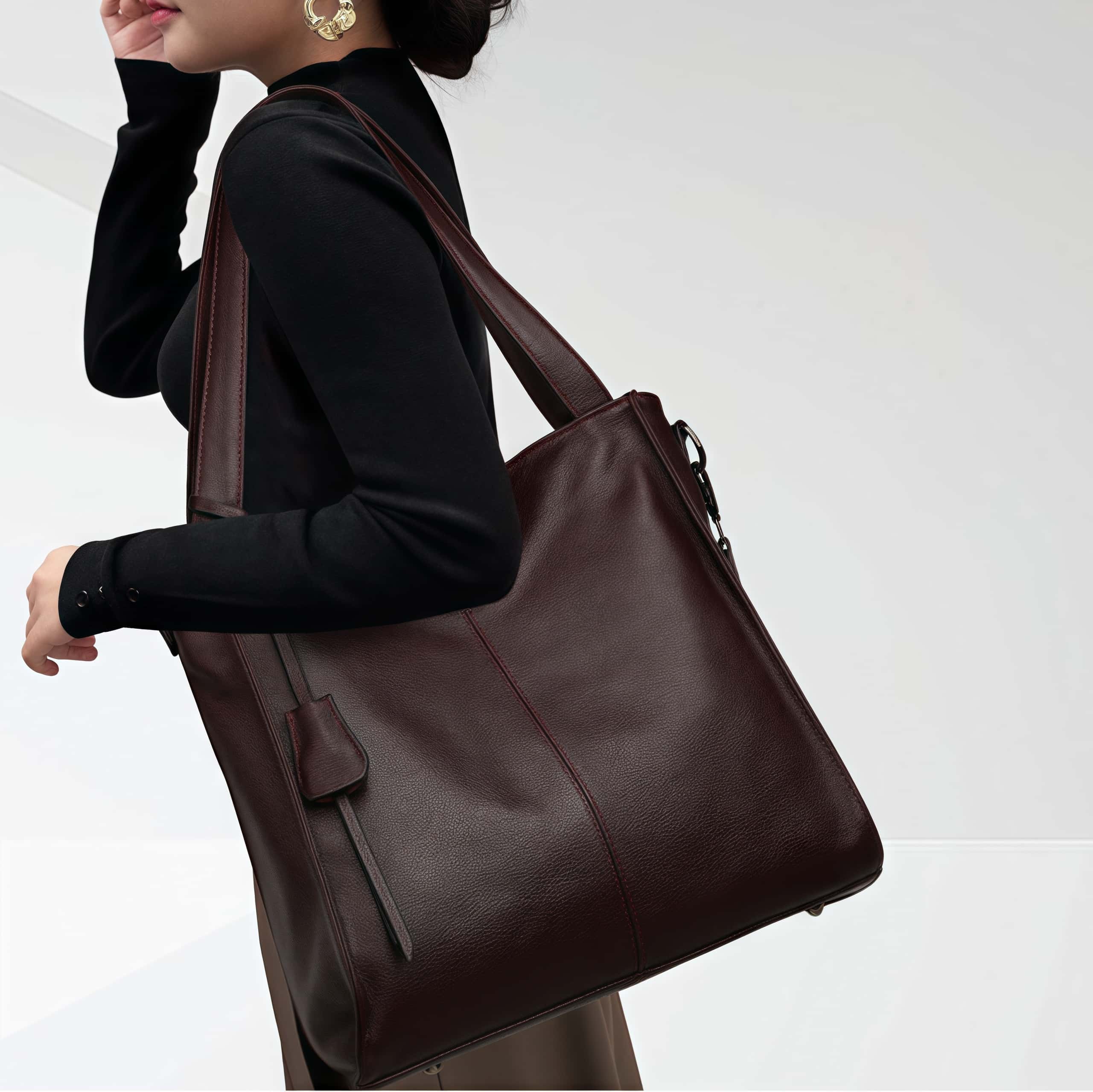 NEW ! •黒|濃い暗マゼンタ|グレー|3色•厚手な軟めな牛革ハンドバッグ•牛革トートバッグ•大容量•通勤や旅行に最適