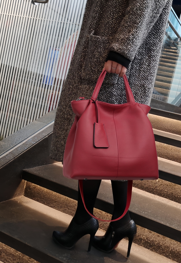 優雅な気質！•カーキ|黒|カラメル|ワインレッド|4色•3WAY•厚手な天然軟めな牛革ハンドバッグ•牛革ショルダーバッグ