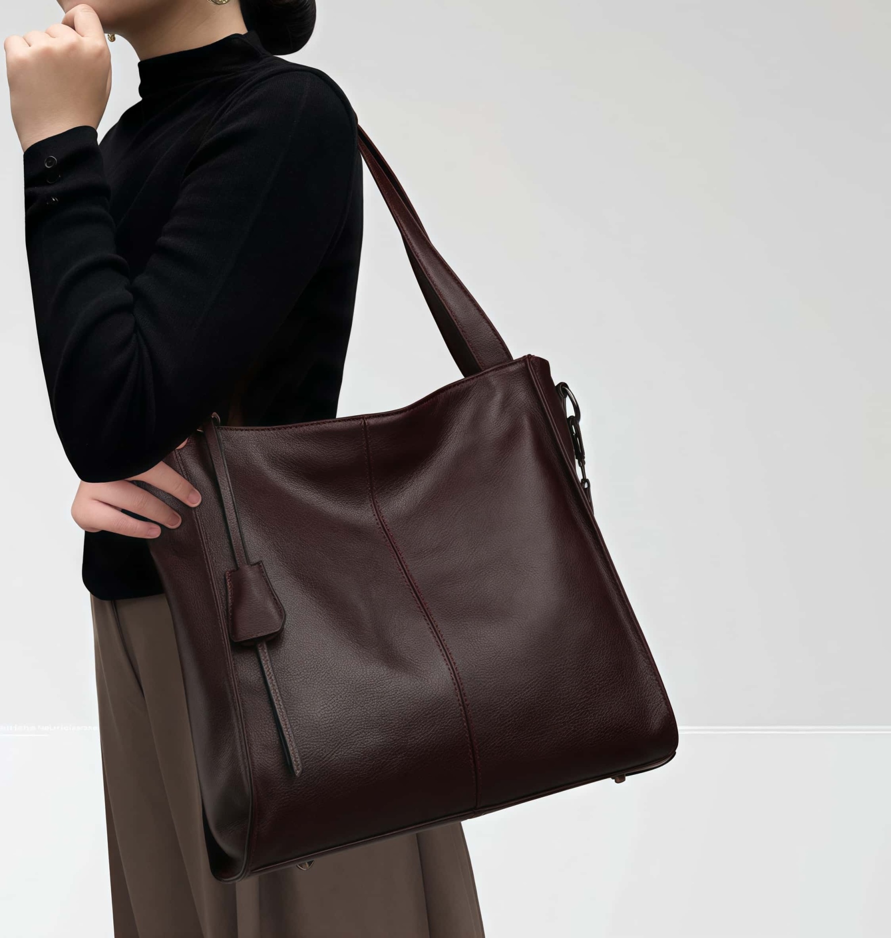 NEW ! •黒|濃い暗マゼンタ|グレー|3色•厚手な軟めな牛革ハンドバッグ•牛革トートバッグ•大容量•通勤や旅行に最適