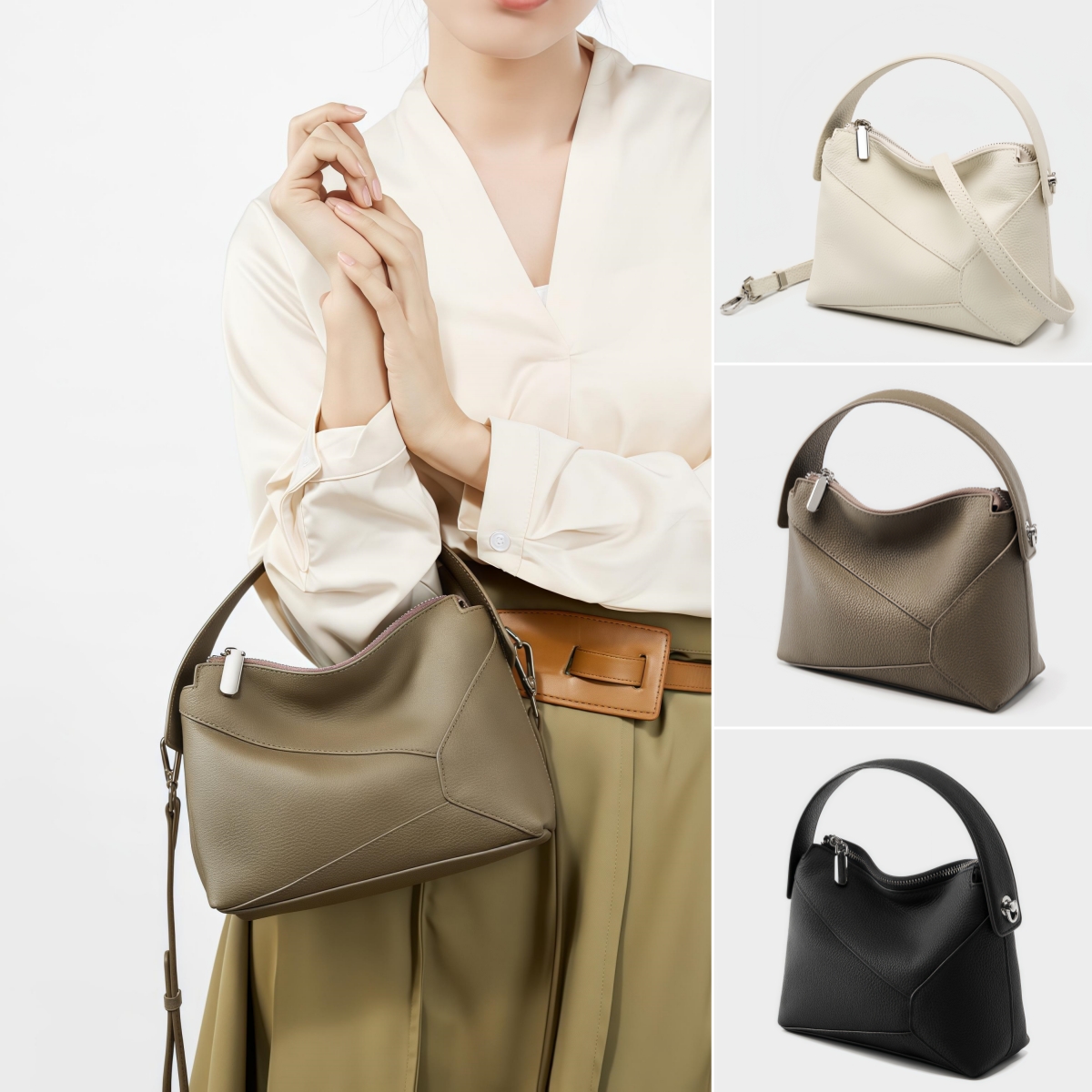 カーキ|黒|ベージュ|3WAY|レザーハンドバッグ|牛革ショルダーバッグ