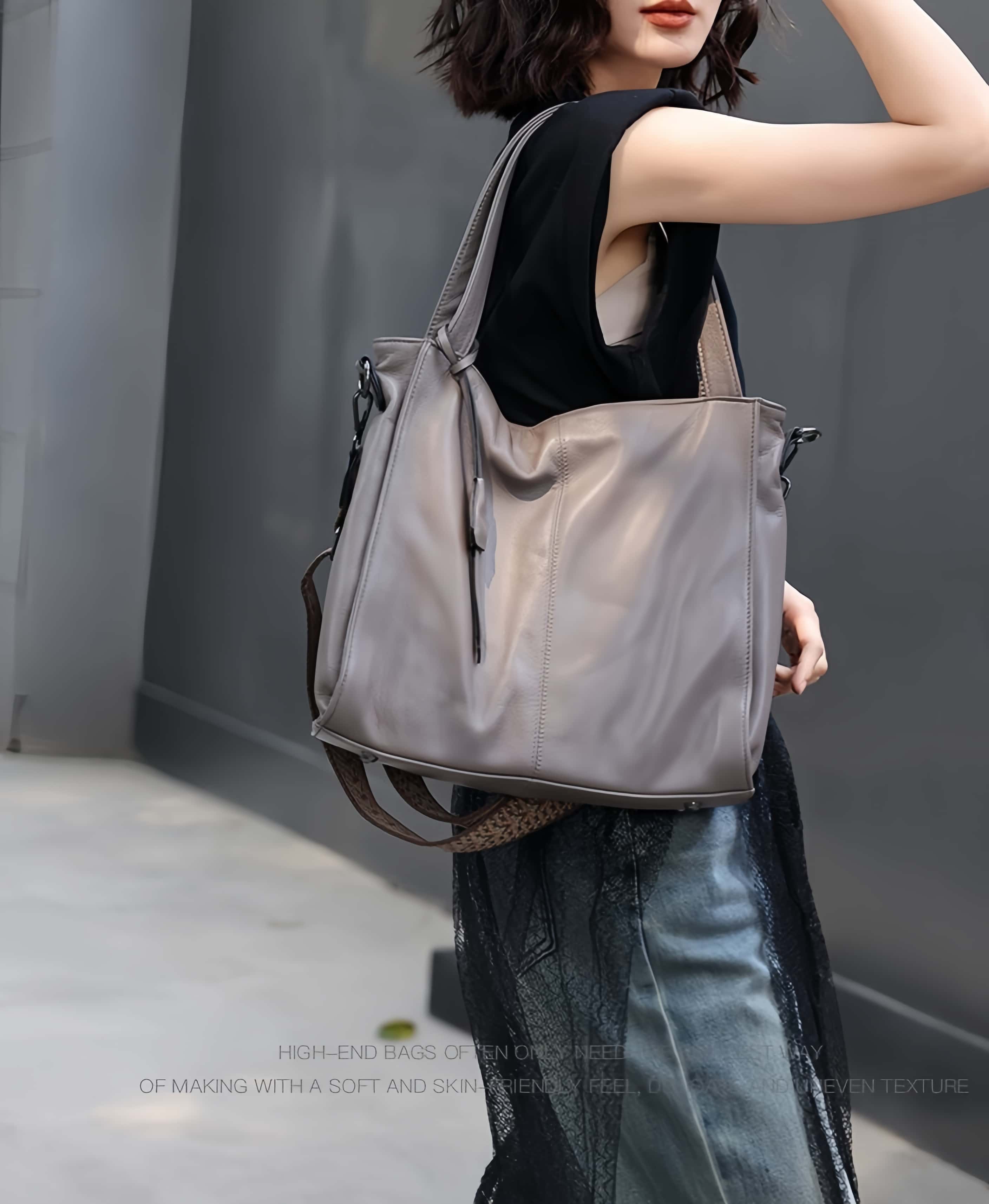 おしゃれで素敵！グレー|黒|茶|3色•3WAY•植物鞣し牛革ハンドバッグ•牛革トートバッグ