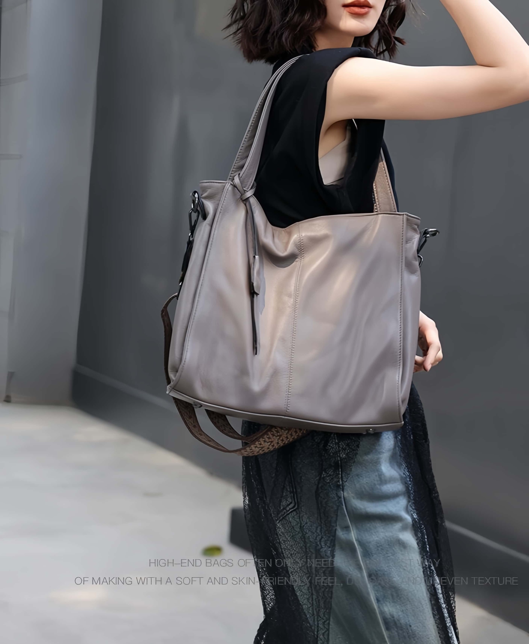 おしゃれで素敵！グレー|黒|茶|3色•3WAY•植物鞣し牛革ハンドバッグ•牛革トートバッグ