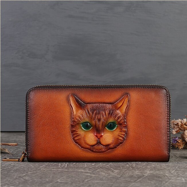 【猫風】精巧な手仕事の芸術品・植鞣天然牛革長財布・職人による手作りの 3D 模様・送料無料