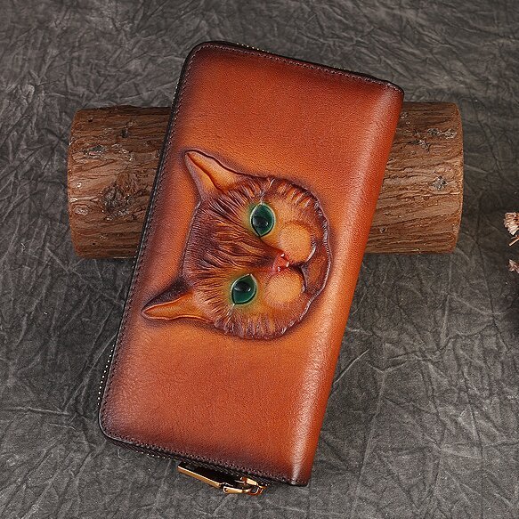 【猫風】精巧な手仕事の芸術品・植鞣天然牛革長財布・職人による手作りの 3D 模様・送料無料