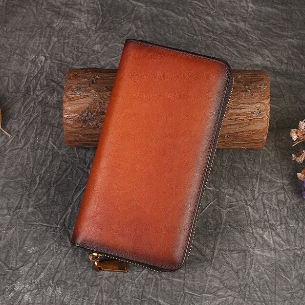 【猫風】精巧な手仕事の芸術品・植鞣天然牛革長財布・職人による手作りの 3D 模様・送料無料