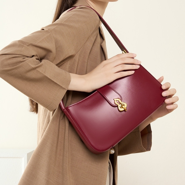 3色▪茶|黒|クラレット▪天然牛革ハンドバッグ▪牛革肩掛けバッグ