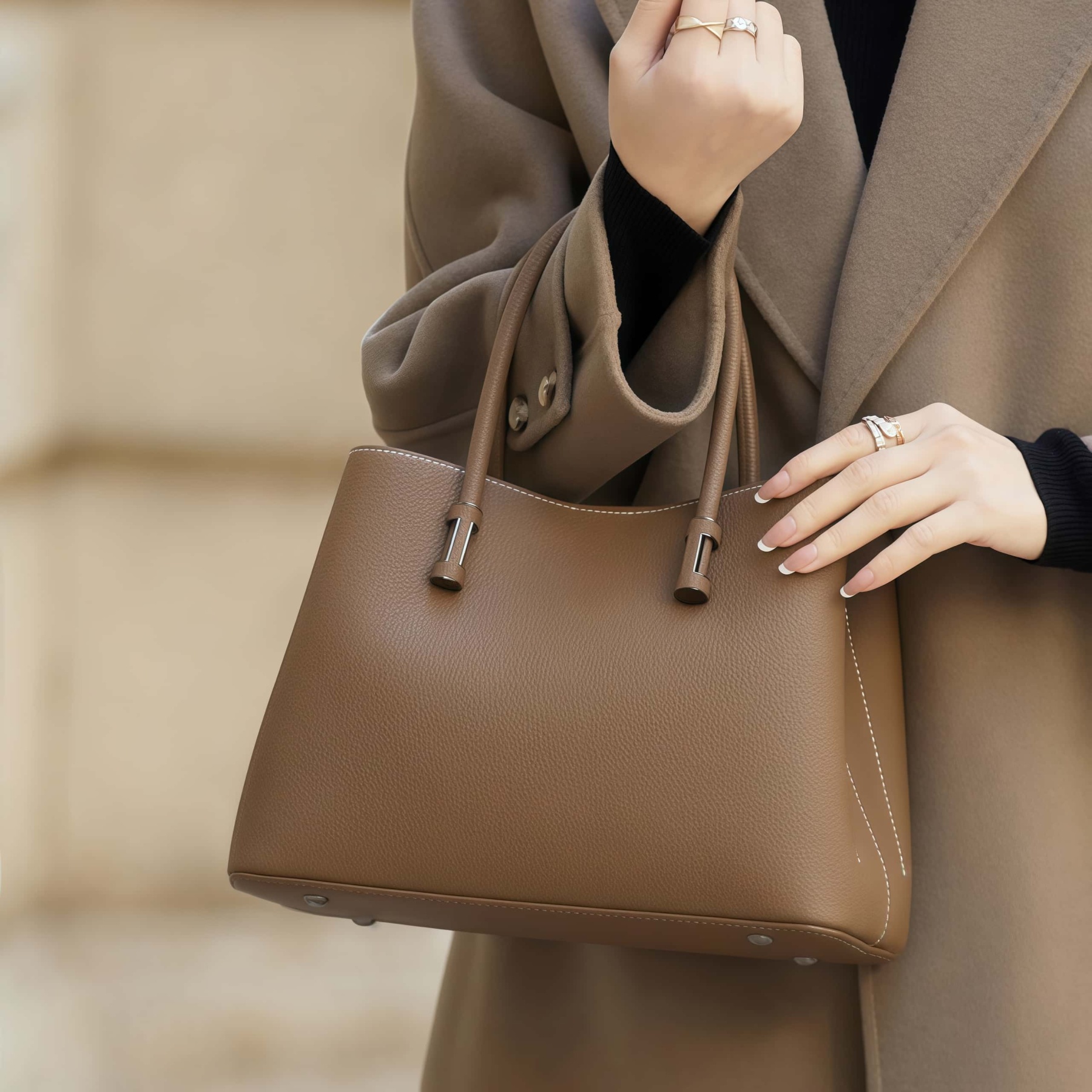 洗練感 ！•茶|黒|カーキ|濃い緑|4色•天然牛革ハンドバッグ•牛革ショルダーバッグ