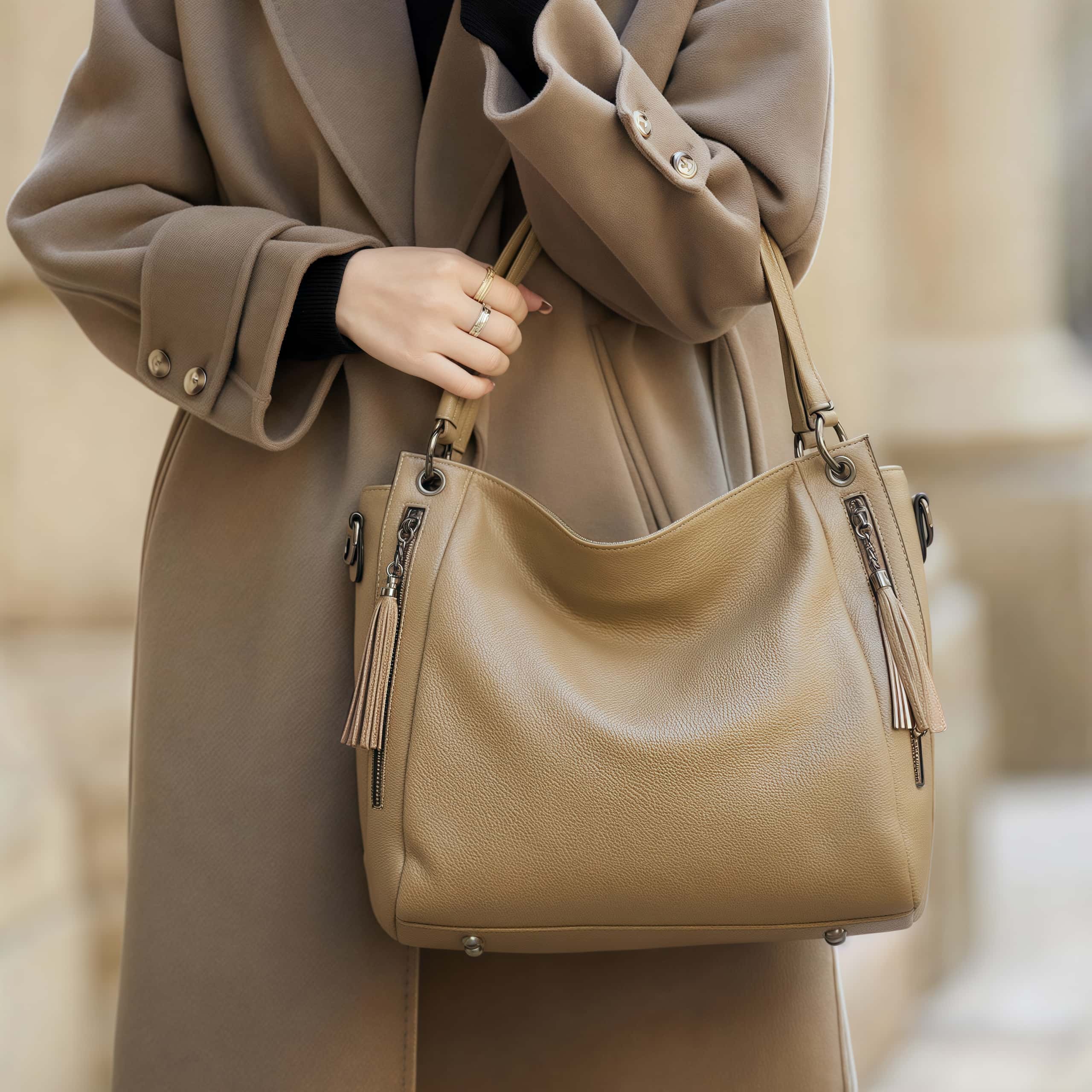 華やか！♦カーキ|黒♦2色♦厚みのある柔らかい天然牛革トートバッグ♦牛革ショルダーバッグ