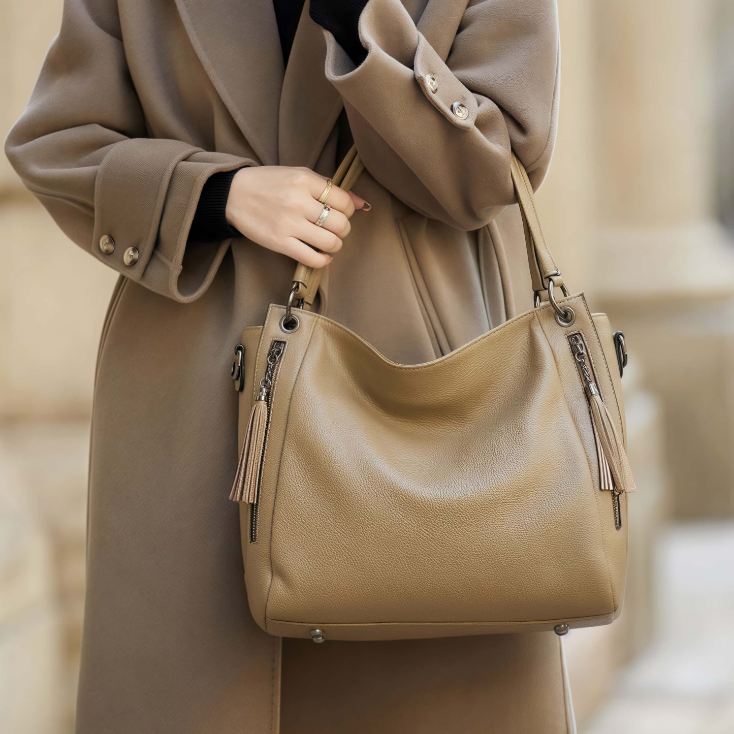 華やか！♦カーキ|黒♦2色♦厚みのある柔らかい天然牛革トートバッグ♦牛革ショルダーバッグ