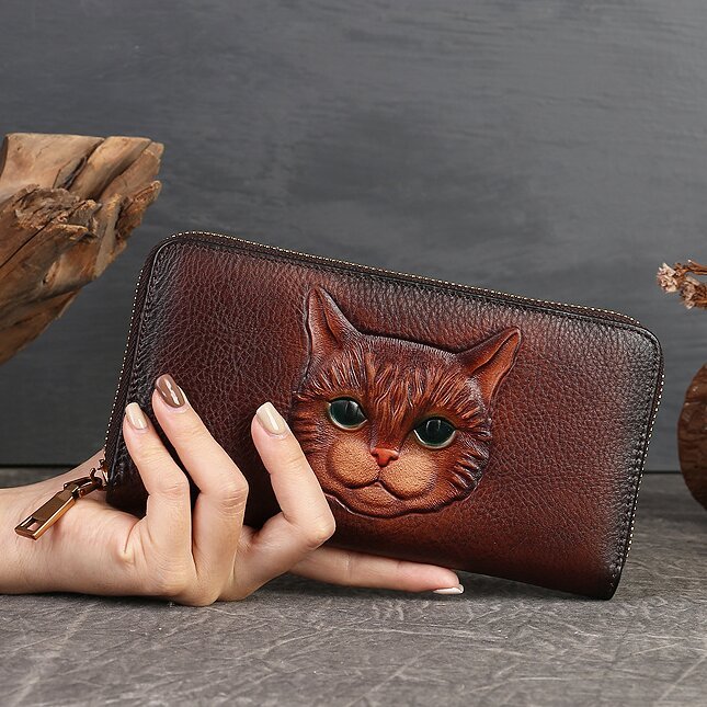【猫風】精巧な手仕事の芸術品・植鞣天然牛革長財布・職人による手作りの 3D 模様・送料無料