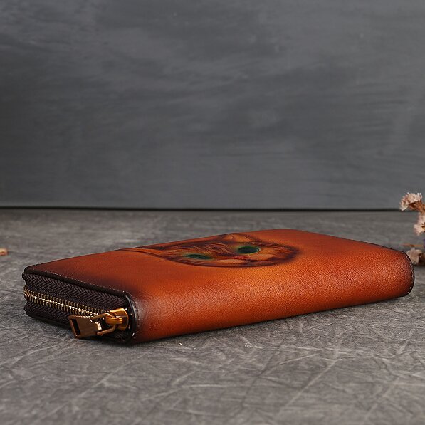 【猫風】精巧な手仕事の芸術品・植鞣天然牛革長財布・職人による手作りの 3D 模様・送料無料