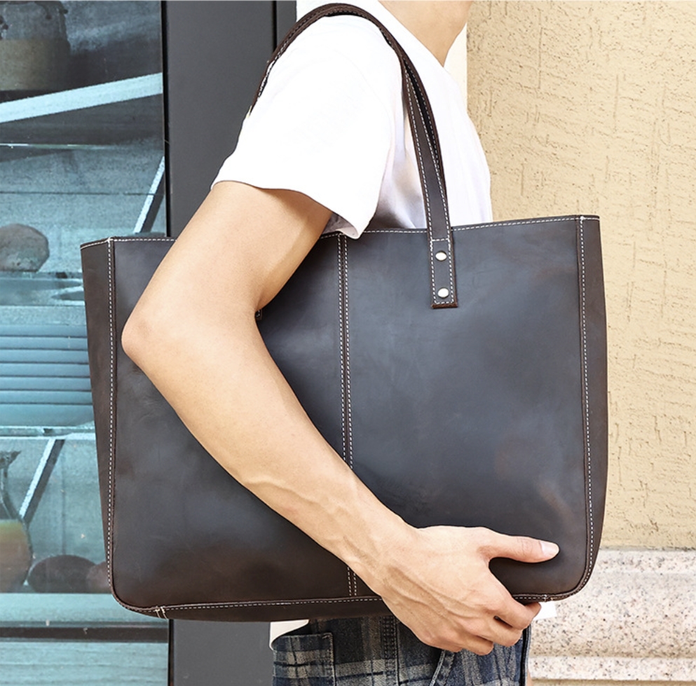 托特包 女疯马皮大容量手提包男包 真皮休闲单肩包男士皮包