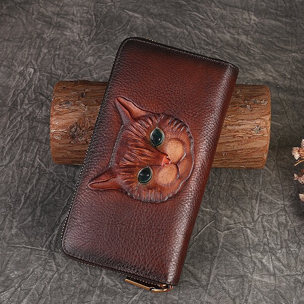 【猫風】精巧な手仕事の芸術品・植鞣天然牛革長財布・職人による手作りの 3D 模様・送料無料