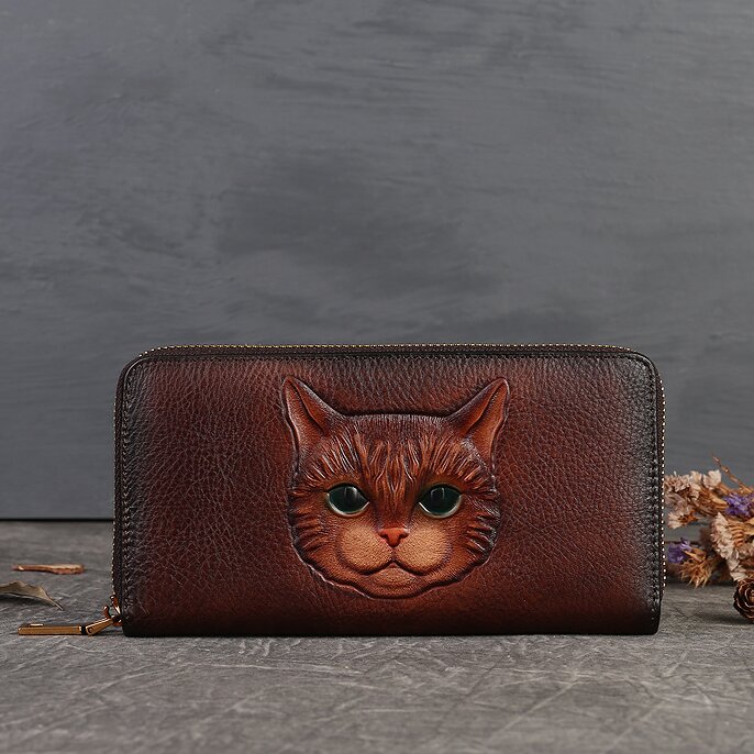 【猫風】精巧な手仕事の芸術品・植鞣天然牛革長財布・職人による手作りの 3D 模様・送料無料