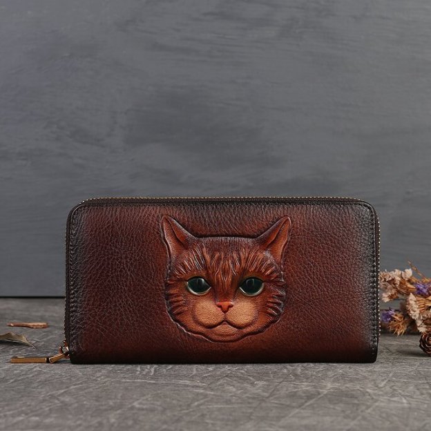 【猫風】精巧な手仕事の芸術品・植鞣天然牛革長財布・職人による手作りの 3D 模様・送料無料
