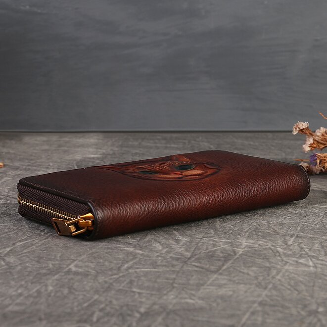 【猫風】精巧な手仕事の芸術品・植鞣天然牛革長財布・職人による手作りの 3D 模様・送料無料