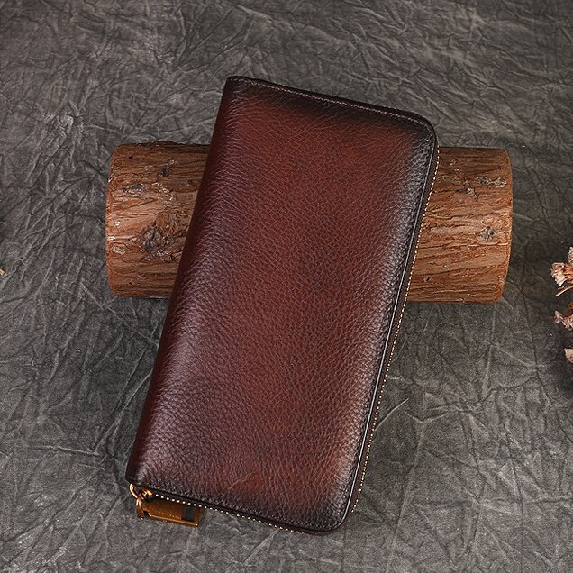 【猫風】精巧な手仕事の芸術品・植鞣天然牛革長財布・職人による手作りの 3D 模様・送料無料