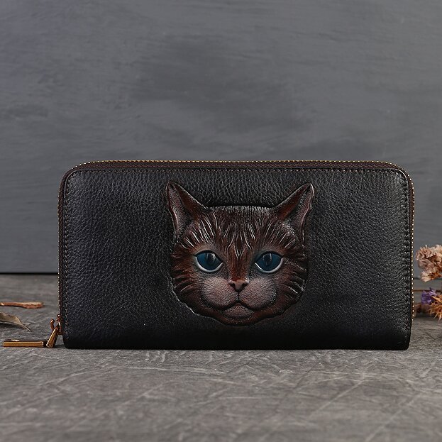 【猫風】精巧な手仕事の芸術品・植鞣天然牛革長財布・職人による手作りの 3D 模様・送料無料