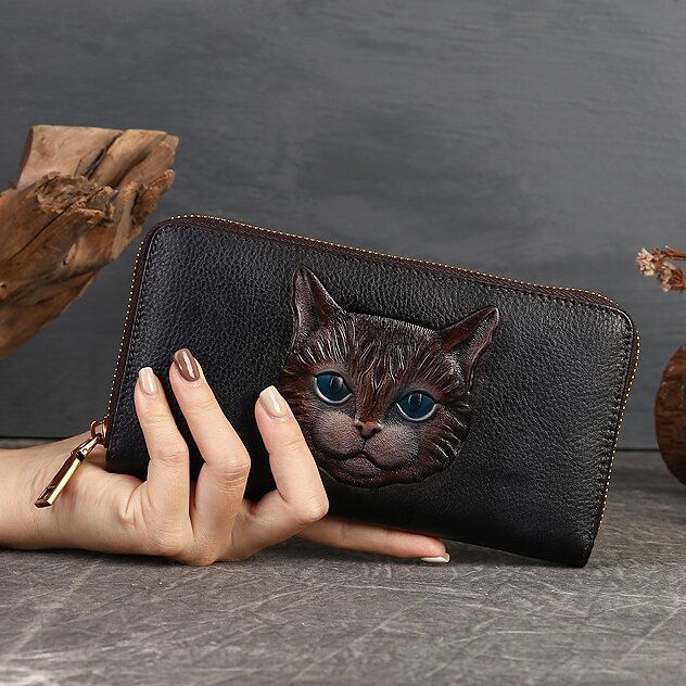 【猫風】精巧な手仕事の芸術品・植鞣天然牛革長財布・職人による手作りの 3D 模様・送料無料