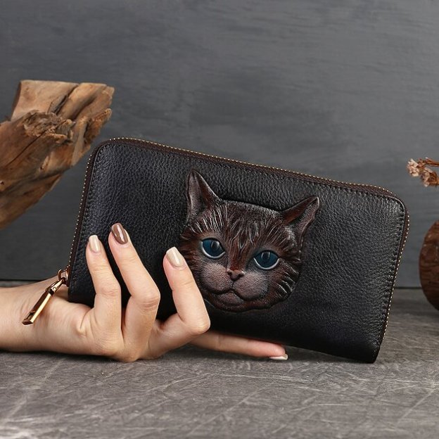 【猫風】精巧な手仕事の芸術品・植鞣天然牛革長財布・職人による手作りの 3D 模様・送料無料